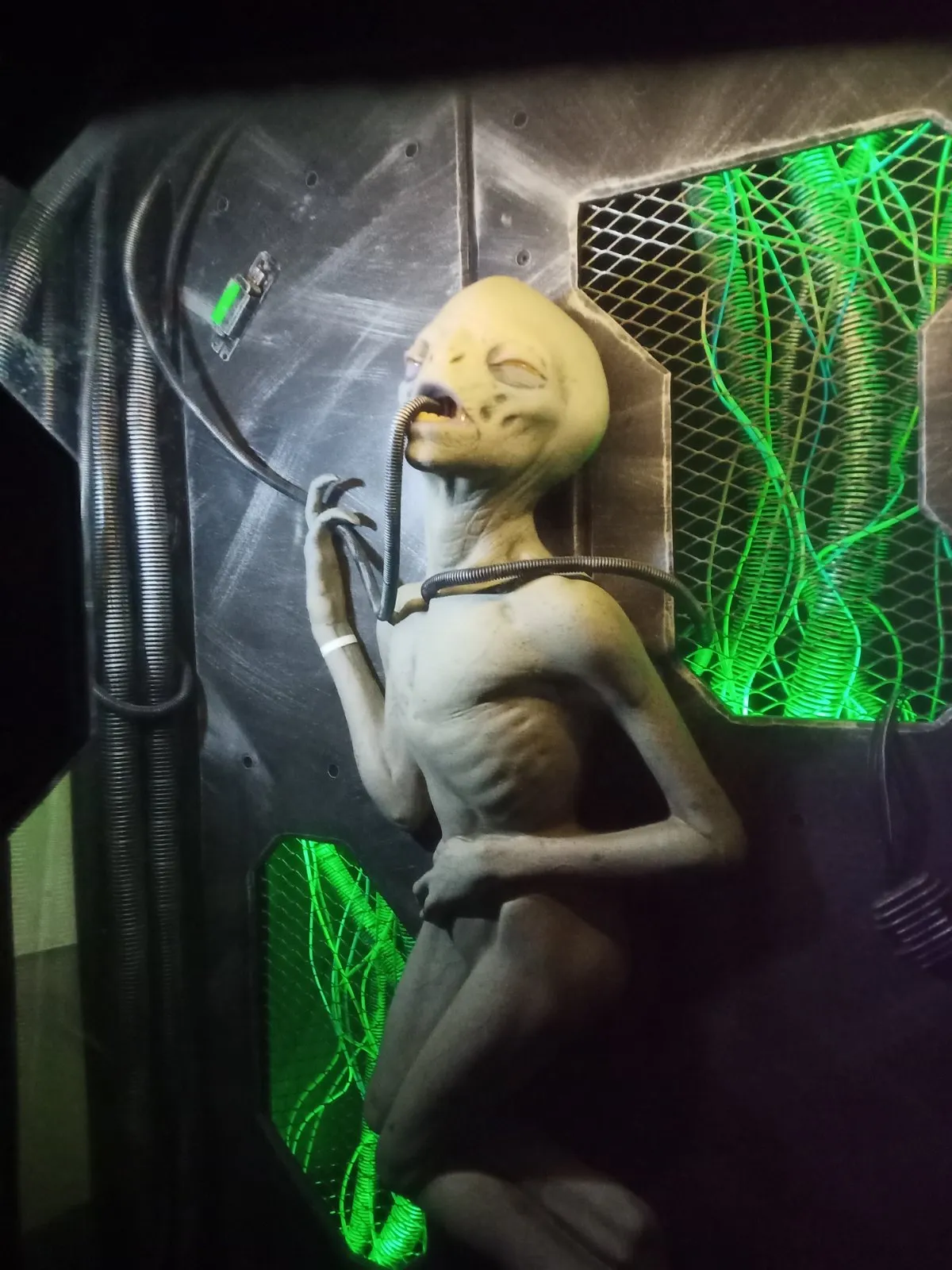 Criatura alienígena connectada per un tub a un panell de la nau, amb reixes il·luminades en verd